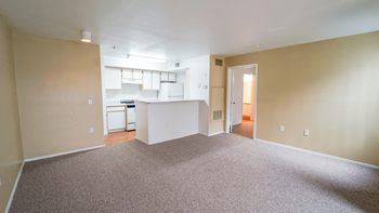 living room with a kitchen in the background